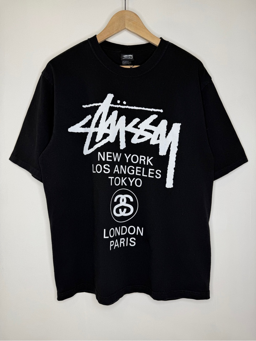 Stussy Classic World Tourn Short Sleeve Tee Mens Large Black White City Outdoor